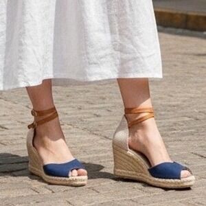Kanna Navy Suede Espadrille Wedge Sandals Peep Toe 6.5 Made in Spain